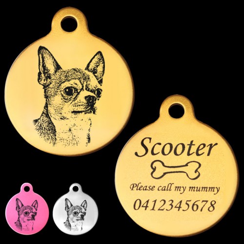 Chihuahua Engraved 31mm Large Round Pet Dog ID Tag